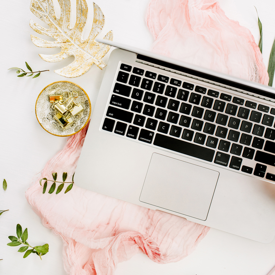  Flat lay, top view rose gold workspace